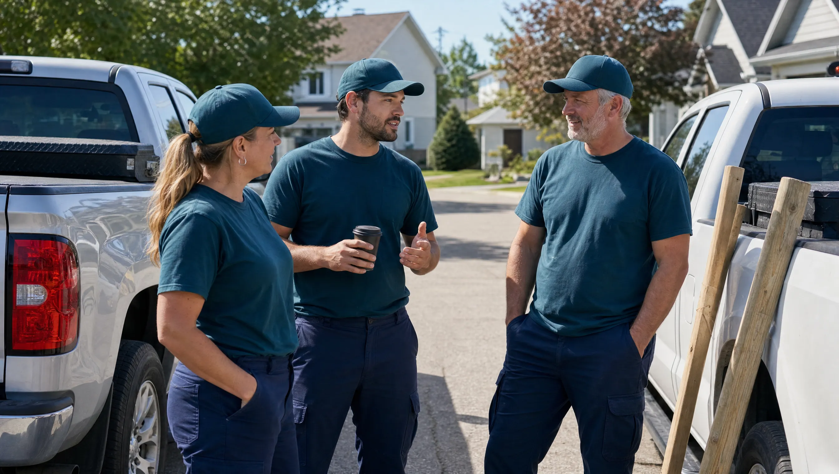 Three franchise owners in matching deep-teal Sign Post Guy t-shirts talking informally beside two work pickups in a suburban cul-de-sac.