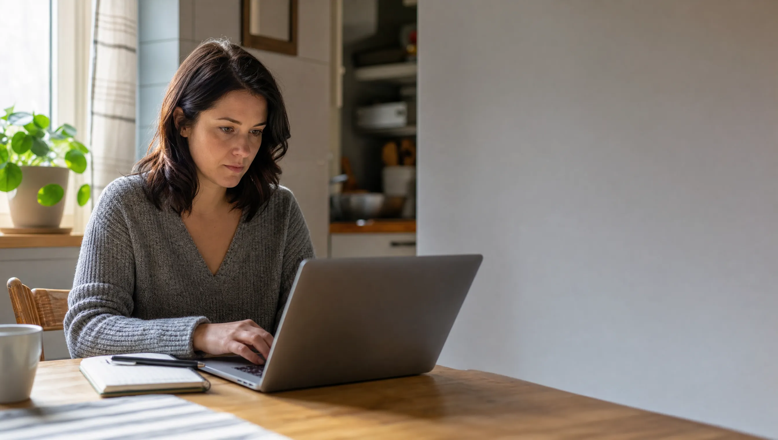 A woman at her sunlit kitchen table, hands on a laptop keyboard, focused expression as she fills out a web form.