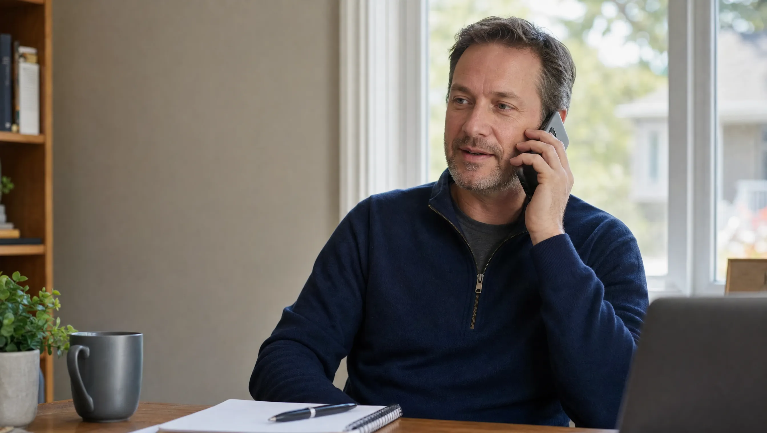 A man at a small home-office desk on a phone call, relaxed and attentive, mid-conversation.