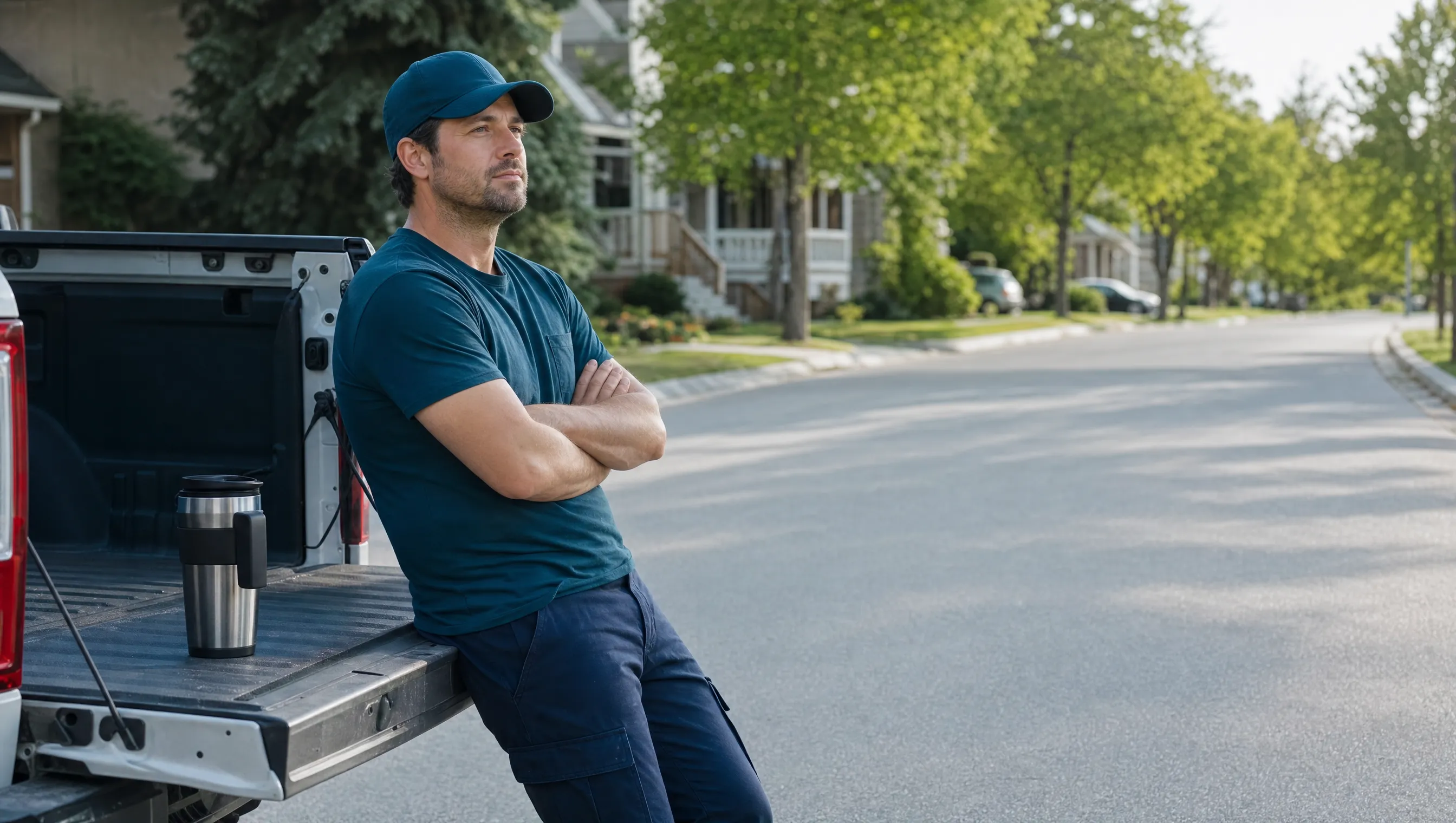 A franchise owner in a deep-teal Sign Post Guy t-shirt and ball cap leaning against the open tailgate of his work pickup on a quiet residential street.