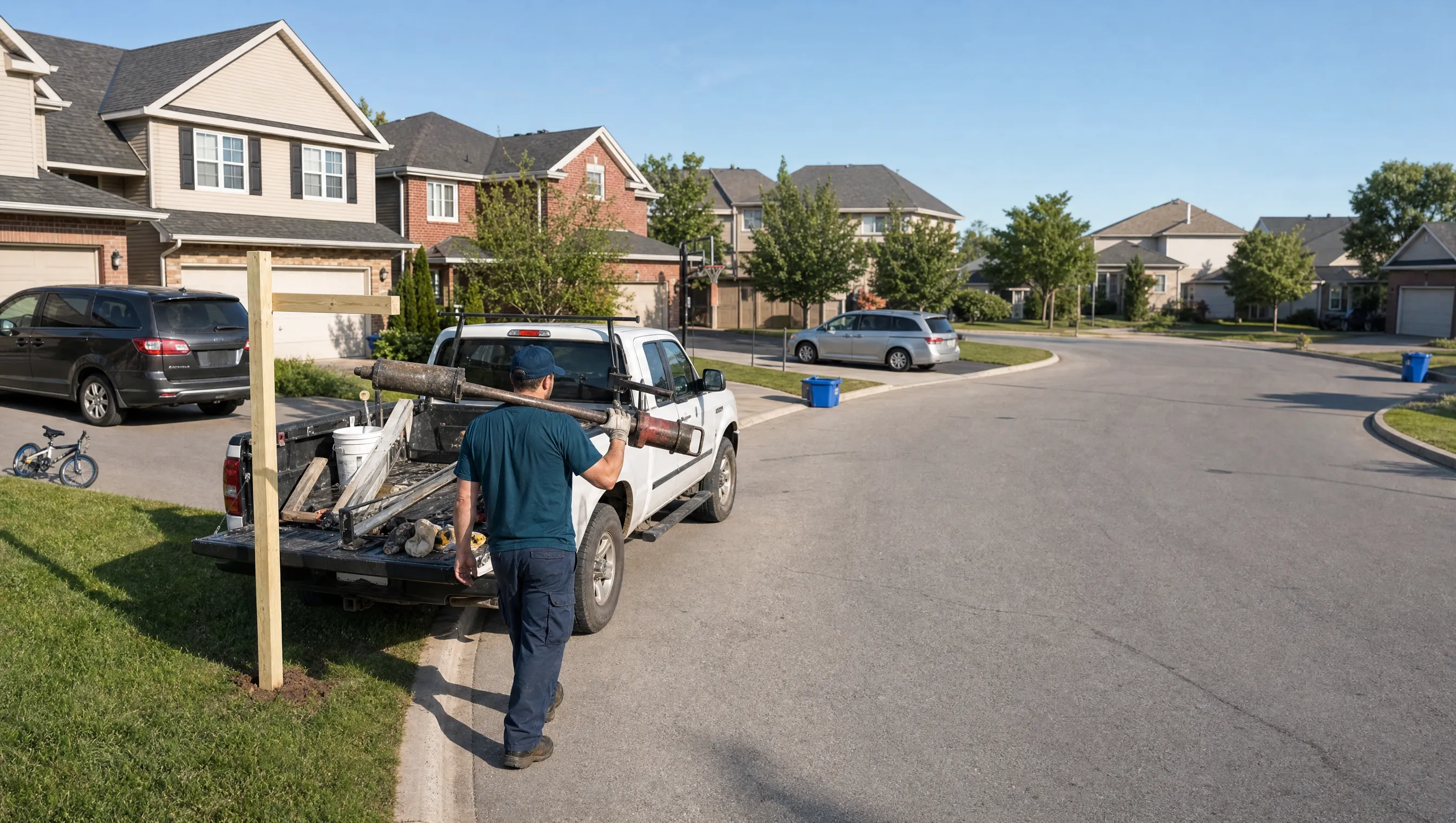 A franchise owner in a deep-teal Sign Post Guy t-shirt and ball cap walking back to his white work pickup with a post driver over his shoulder, freshly installed sign post on a suburban cul-de-sac lawn behind him.