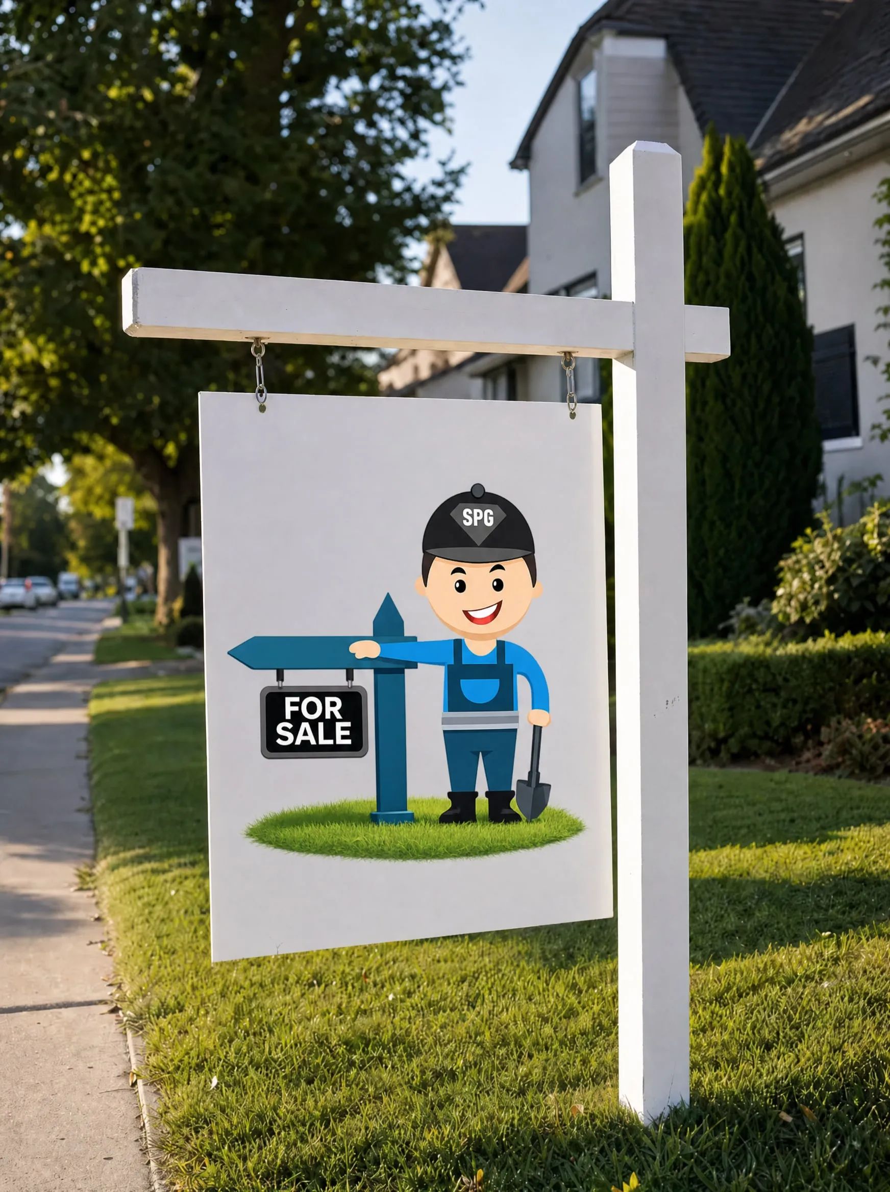 A white real estate sign post on a manicured suburban front lawn, branded with the friendly Sign Post Guy mascot illustration on the sign panel.