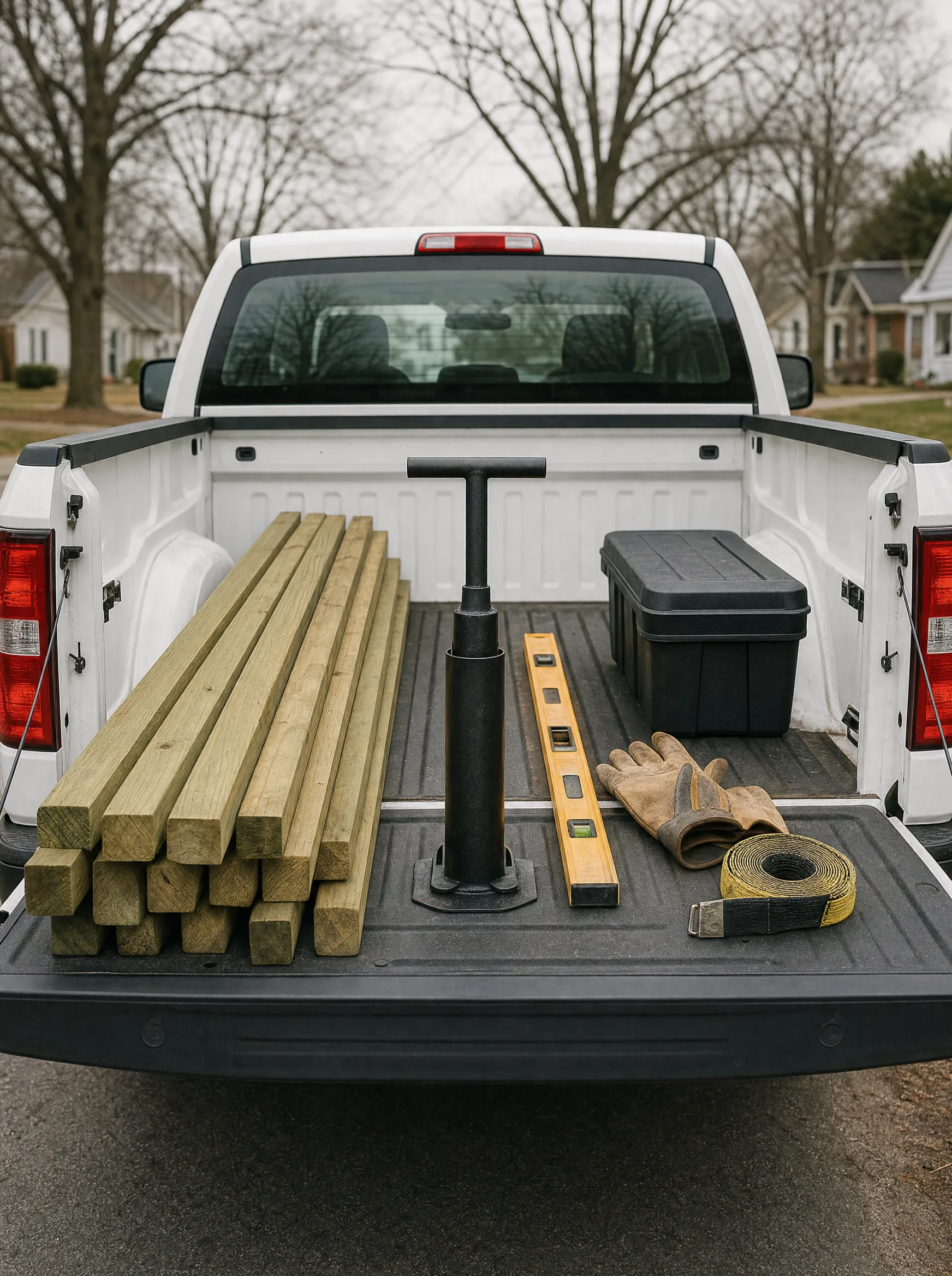 Neatly organized installation tools inside the open tailgate of a white work pickup truck.
