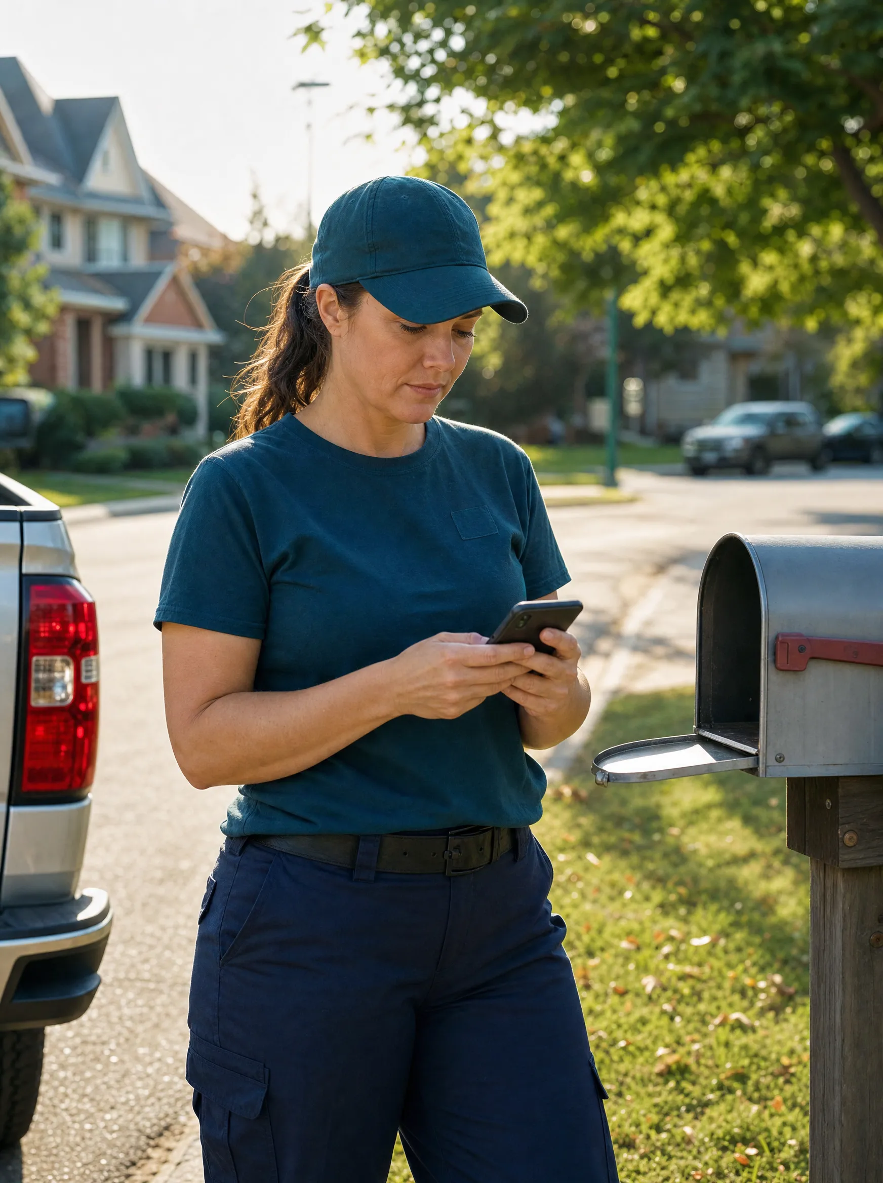 A franchise owner in a deep-teal Sign Post Guy t-shirt and ball cap reviewing her route on her phone on a quiet suburban street.