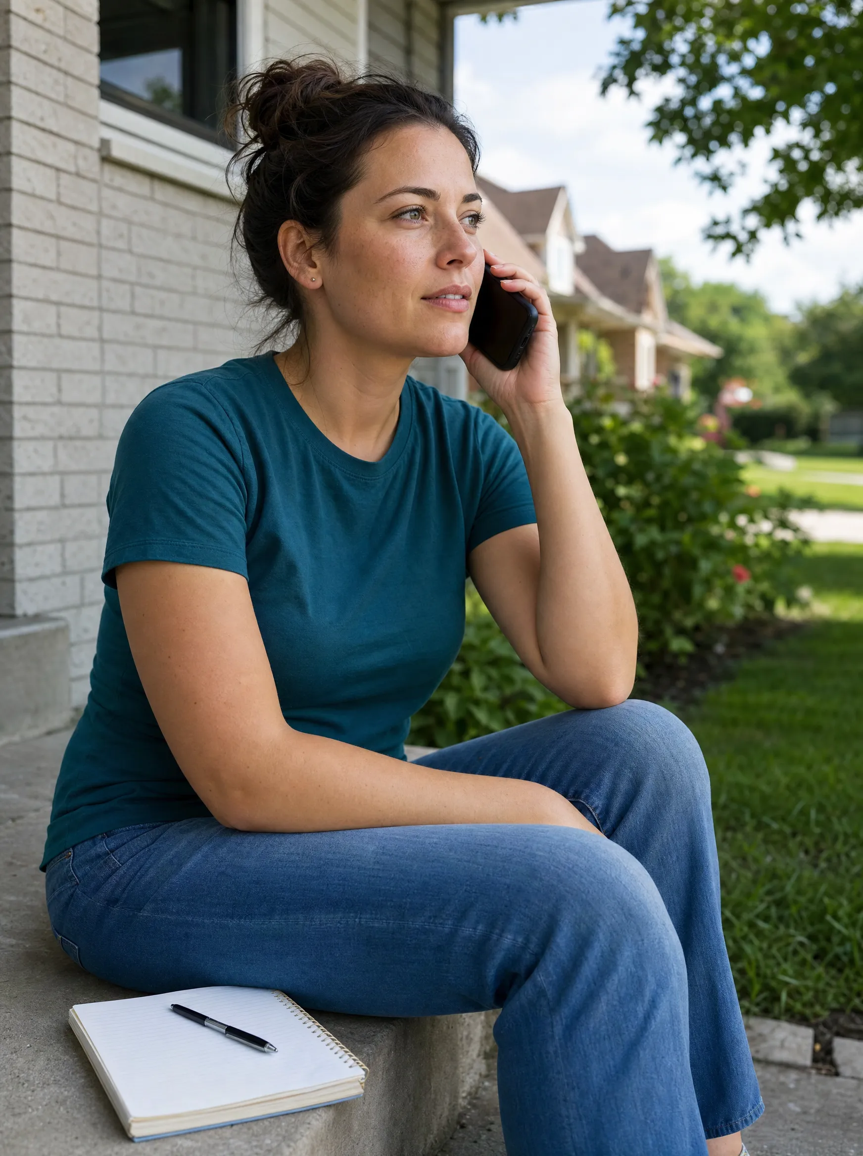 A woman in her early thirties sitting on her porch step holding a phone to her ear in afternoon light, notepad open beside her.