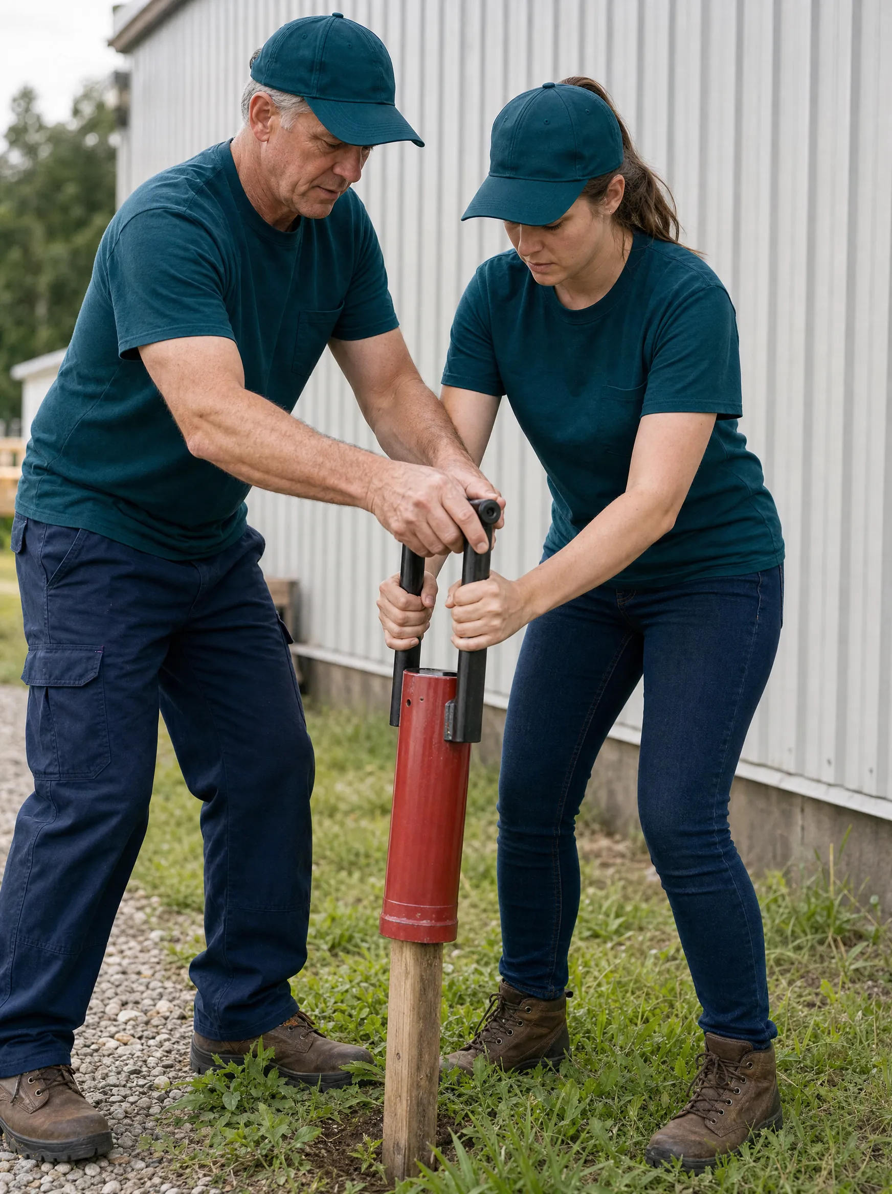 An experienced trainer in a deep-teal Sign Post Guy t-shirt and ball cap guiding a new owner through installing a sign post behind a workshop.