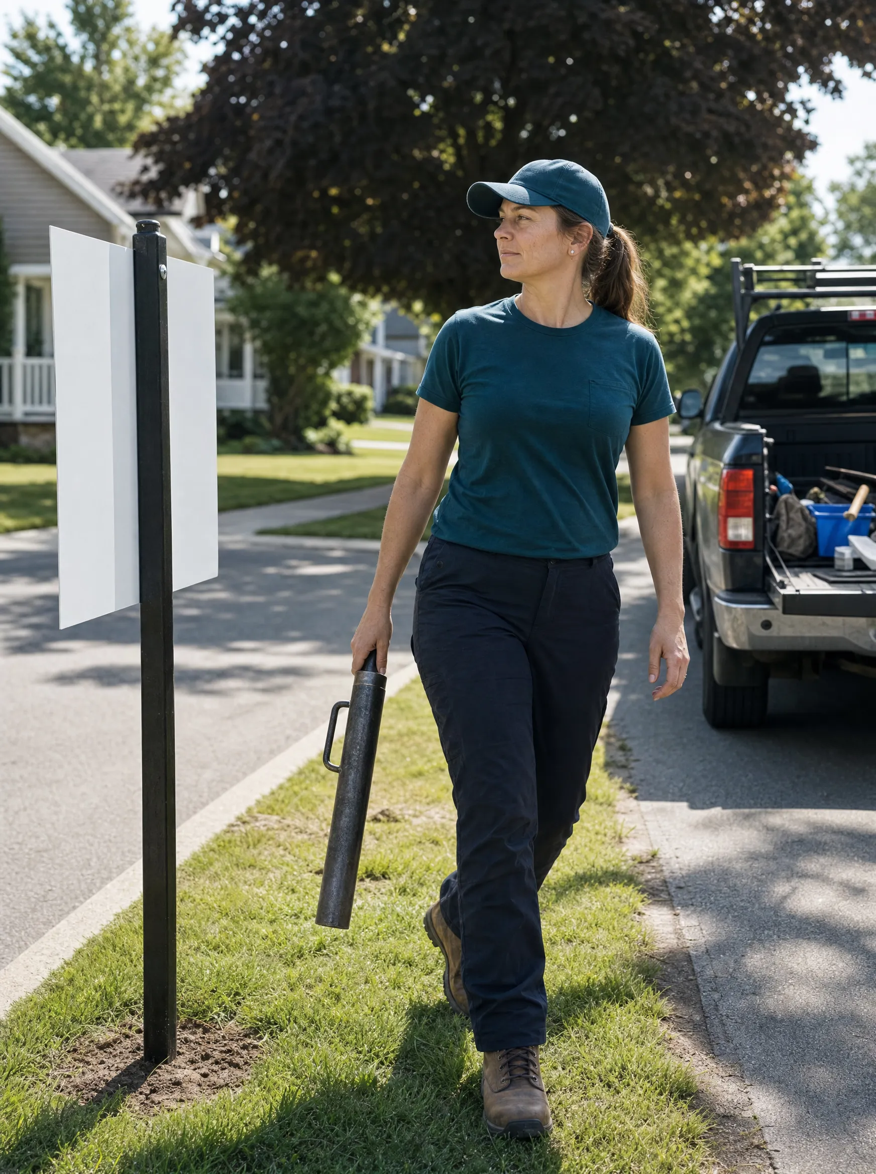 A franchise owner in a deep-teal Sign Post Guy t-shirt and ball cap walking back to her work pickup after a fresh sign post installation on a suburban street.