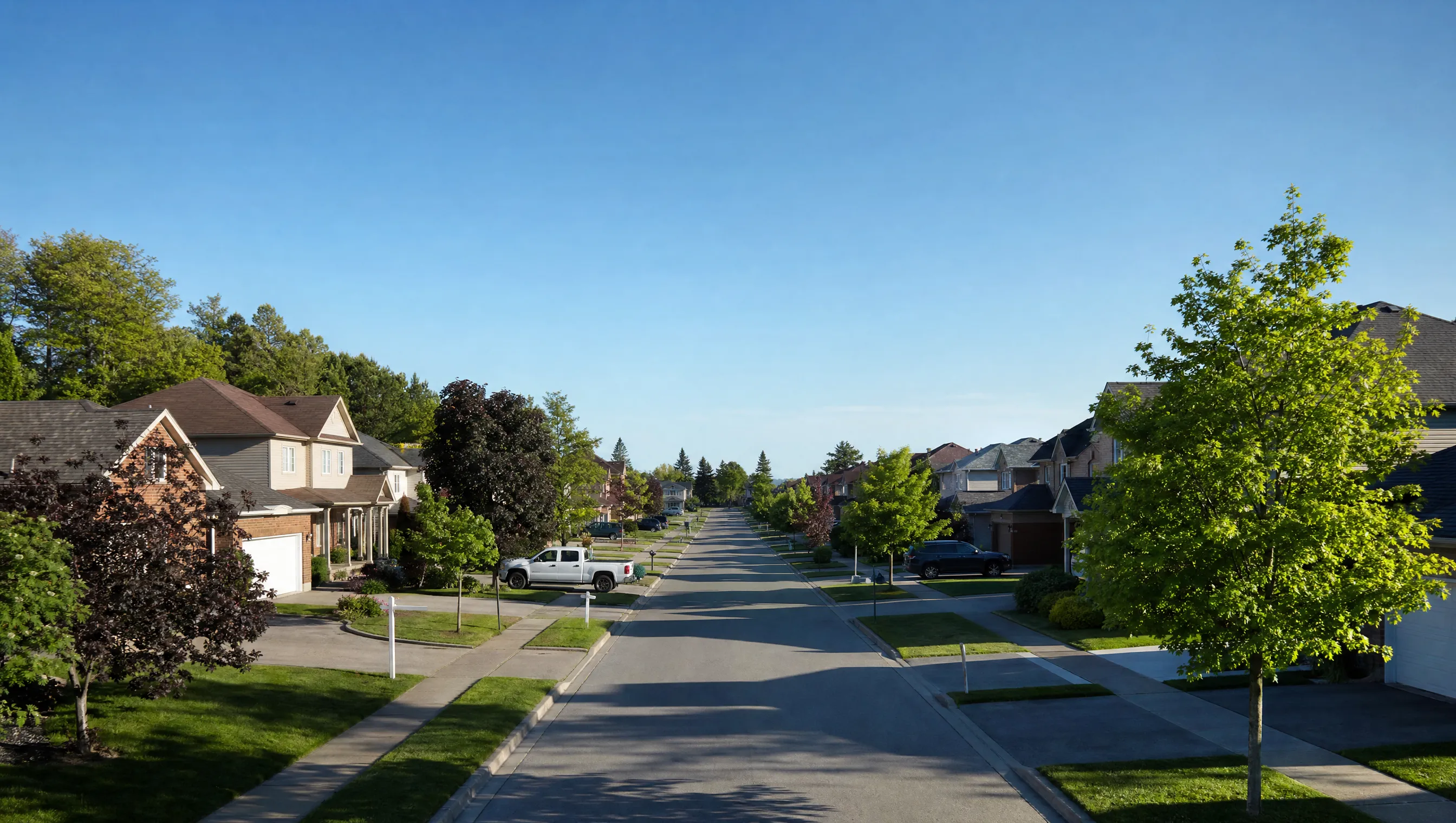 A long suburban Canadian residential street on a sunny morning with mature trees, a work pickup parked partway down the block beside a freshly installed sign post.