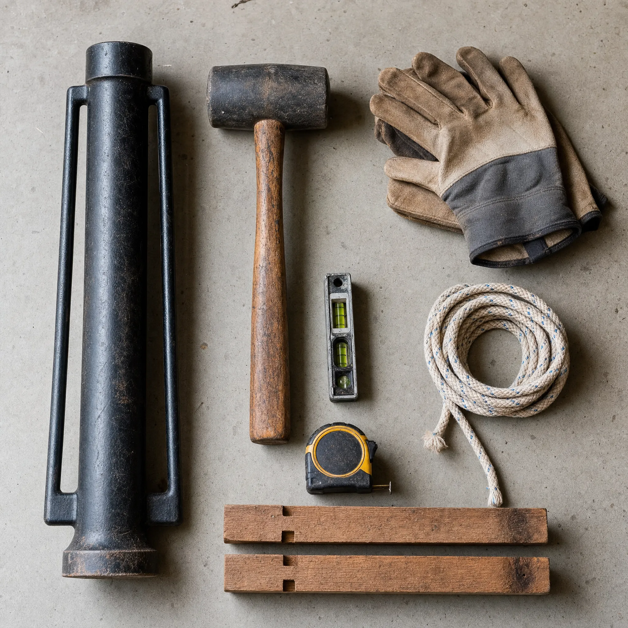 Top-down view of installation tools, including a post driver, mallet, work gloves, level and tape measure, neatly laid out on a workshop floor.