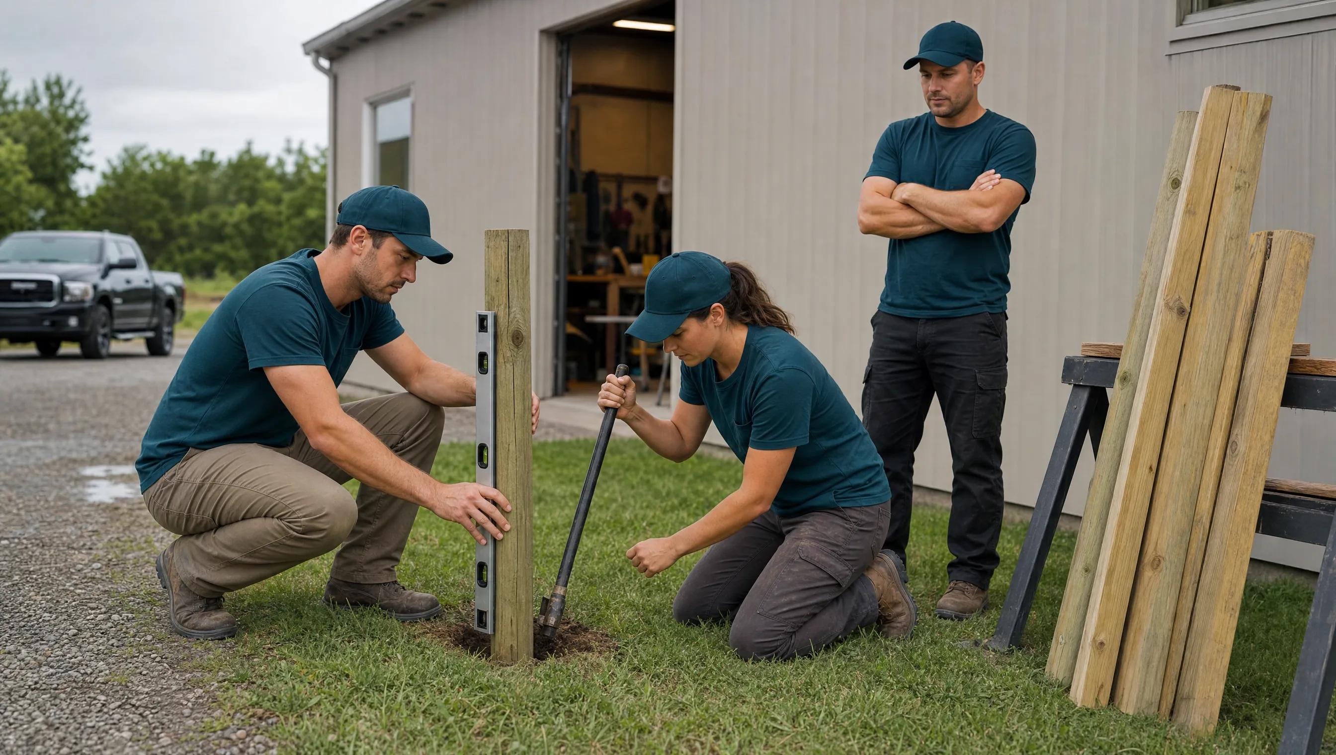 Two new owners in deep-teal Sign Post Guy t-shirts practicing a sign post installation while a trainer watches from a few steps back.