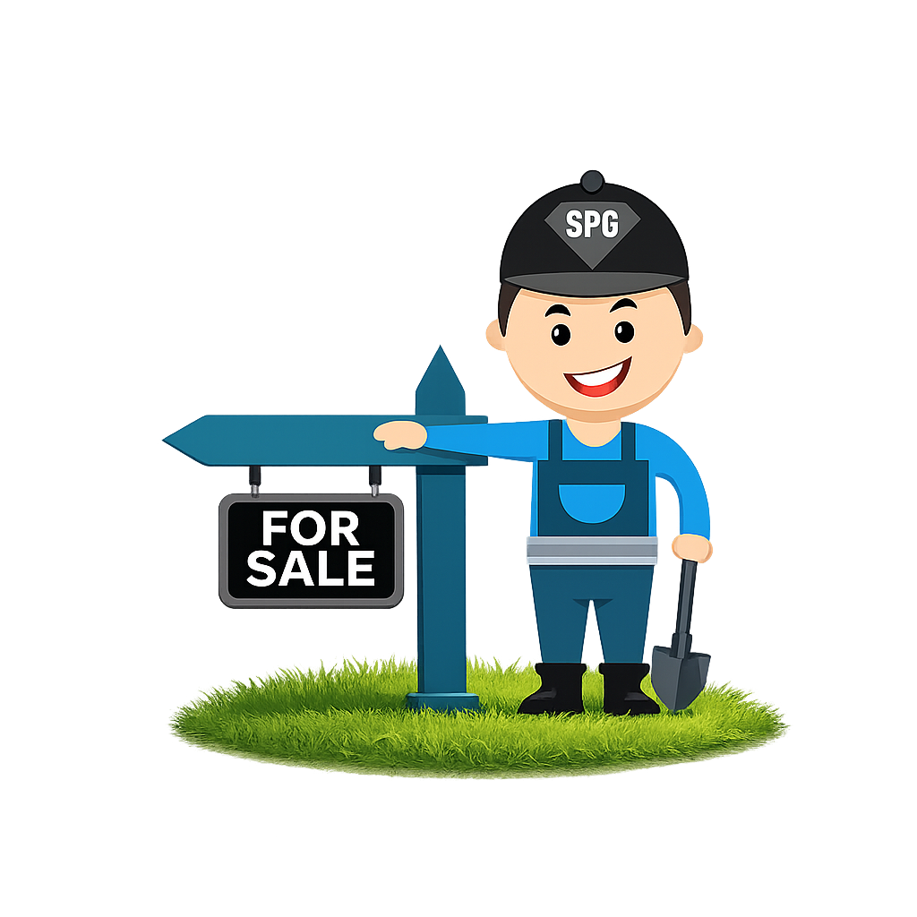The Sign Post Guy® mascot: a friendly cartoon installer in an SPG ball cap standing beside a freshly installed For Sale sign post on a tidy patch of lawn.